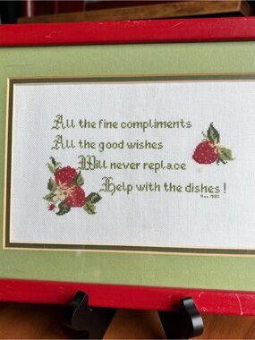 VINTAGE 1980s Framed Strawberry Cross-Stitch Wall Art in Red and Green